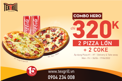 Hero combo: 2 pizza cỡ lớn + 2 coke chỉ 320k