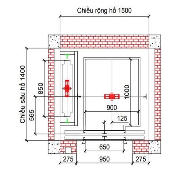 Bản vẽ thang máy 350kg đối trọng bên hông