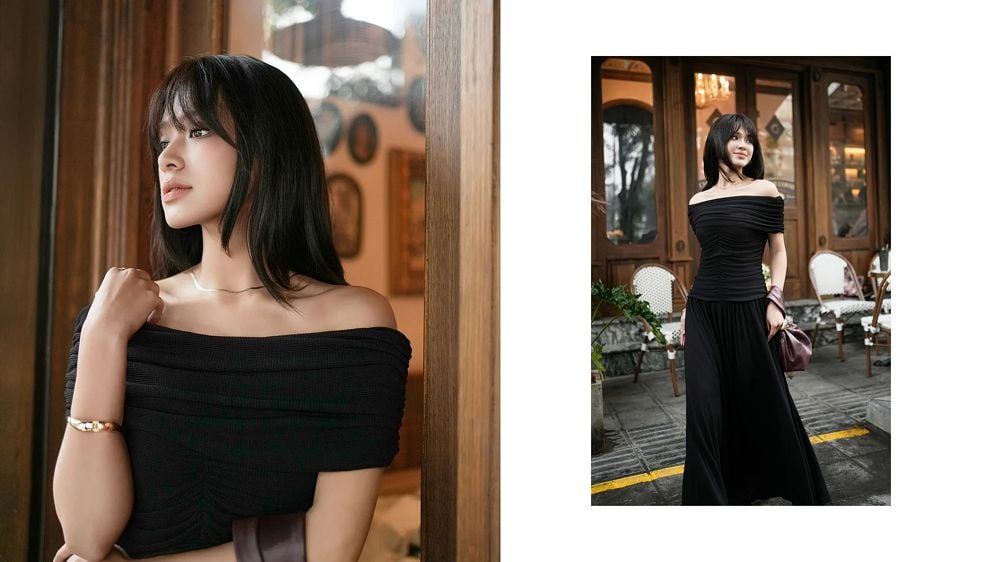 Trở thành nàng thơ với set áo nhún trễ vai và chân váy maxi