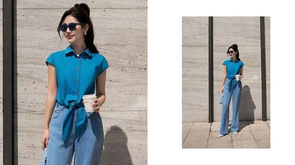 Quần jeans ống suông và sơ mi sát nách