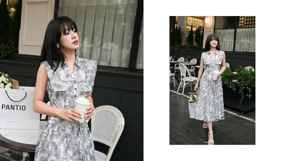 Đầm sơ mi họa tiết tương phản