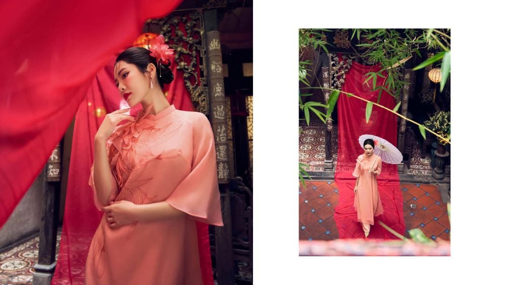 Áo dài chiết eo tay lửng họa tiết hoa lụa
