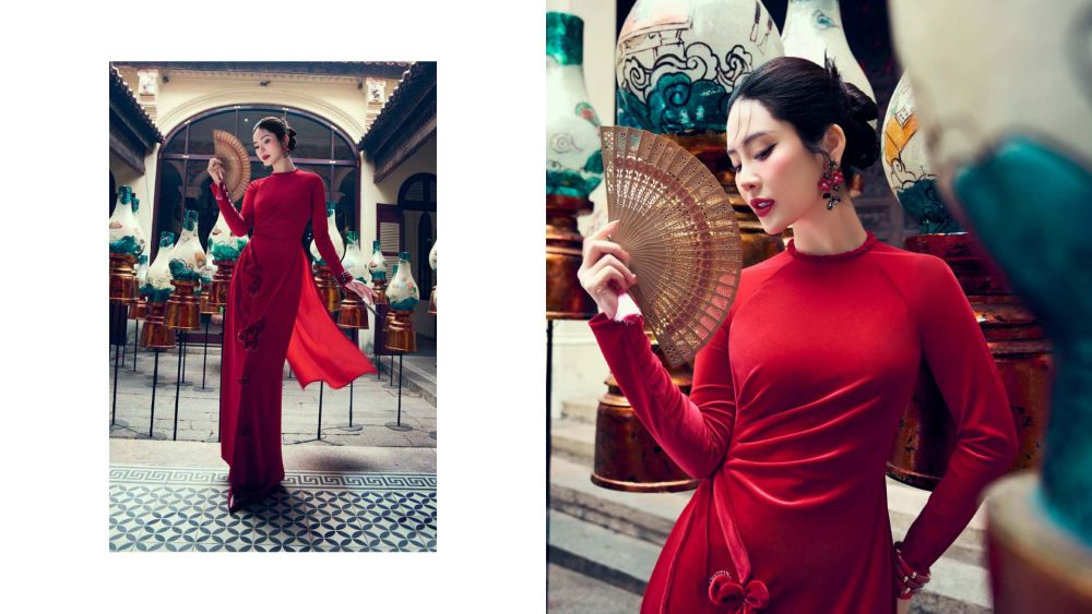 Áo dài cổ tròn chiết eo
