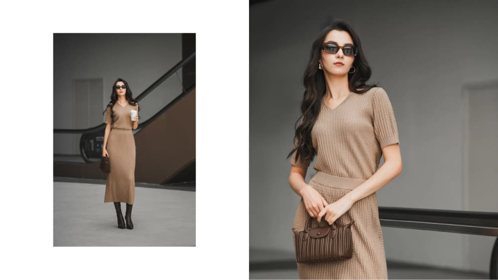 Áo len dáng rộng ngắn tay và váy dài cùng màu