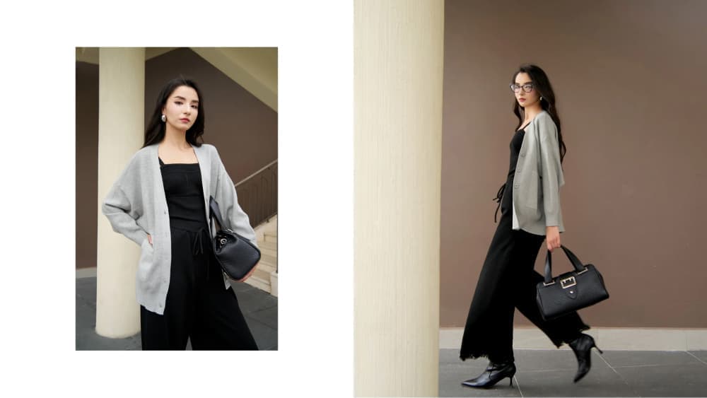 Áo len cardigan dáng rộng + set quần áo màu tương phản