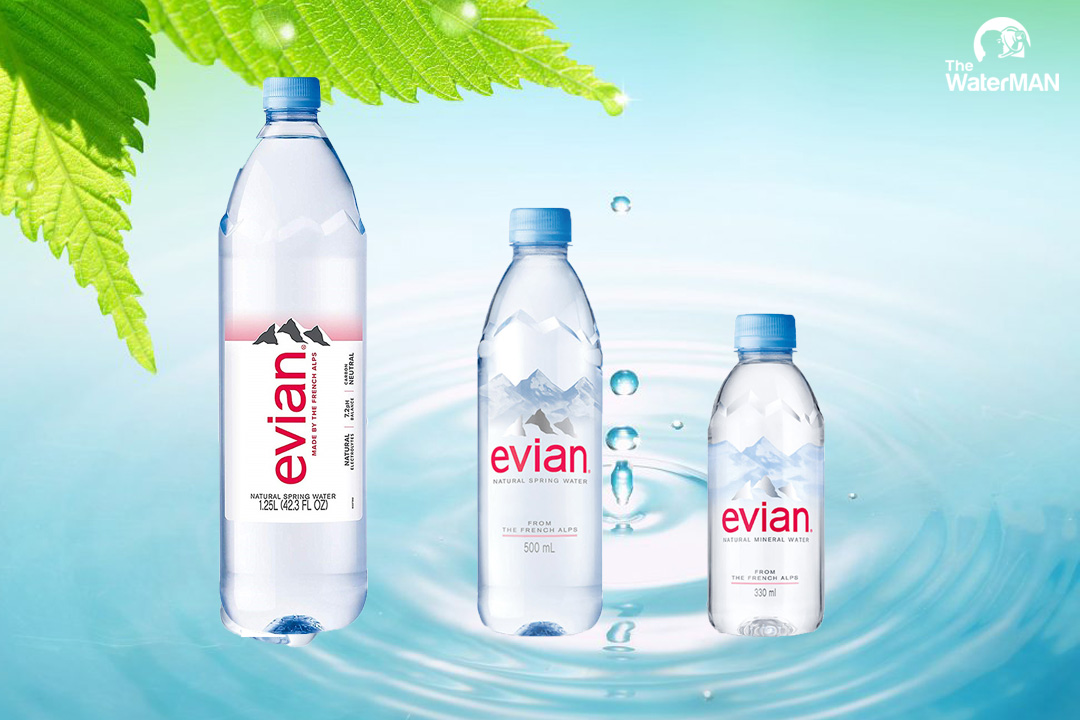 Các dung tích 1.25L. 500ml và 330ml của thương hiệu nước khoáng Evian