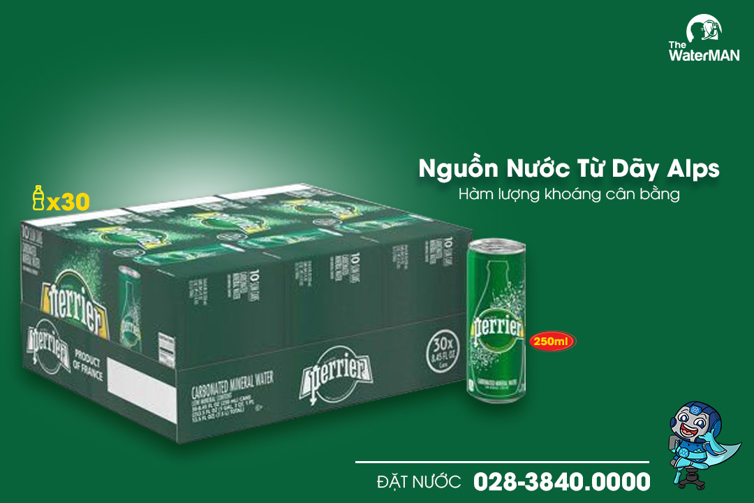 Thùng nước khoáng có ga Perrier lon 250ml