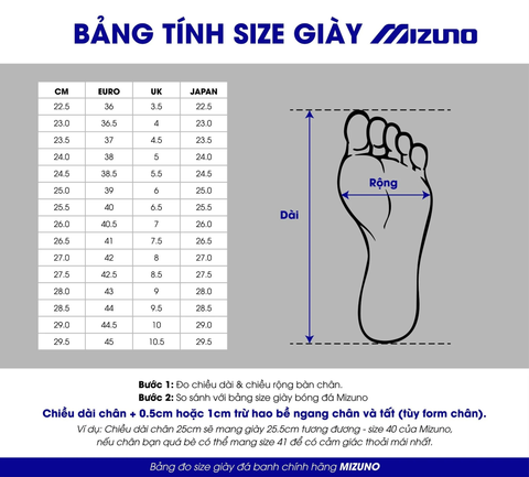 Hướng Dẫn Chọn Size Giày Mizuno