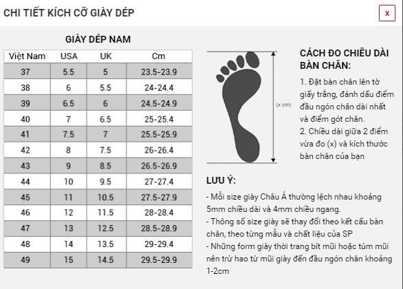 bảng size đo chân của giày đá bóng 