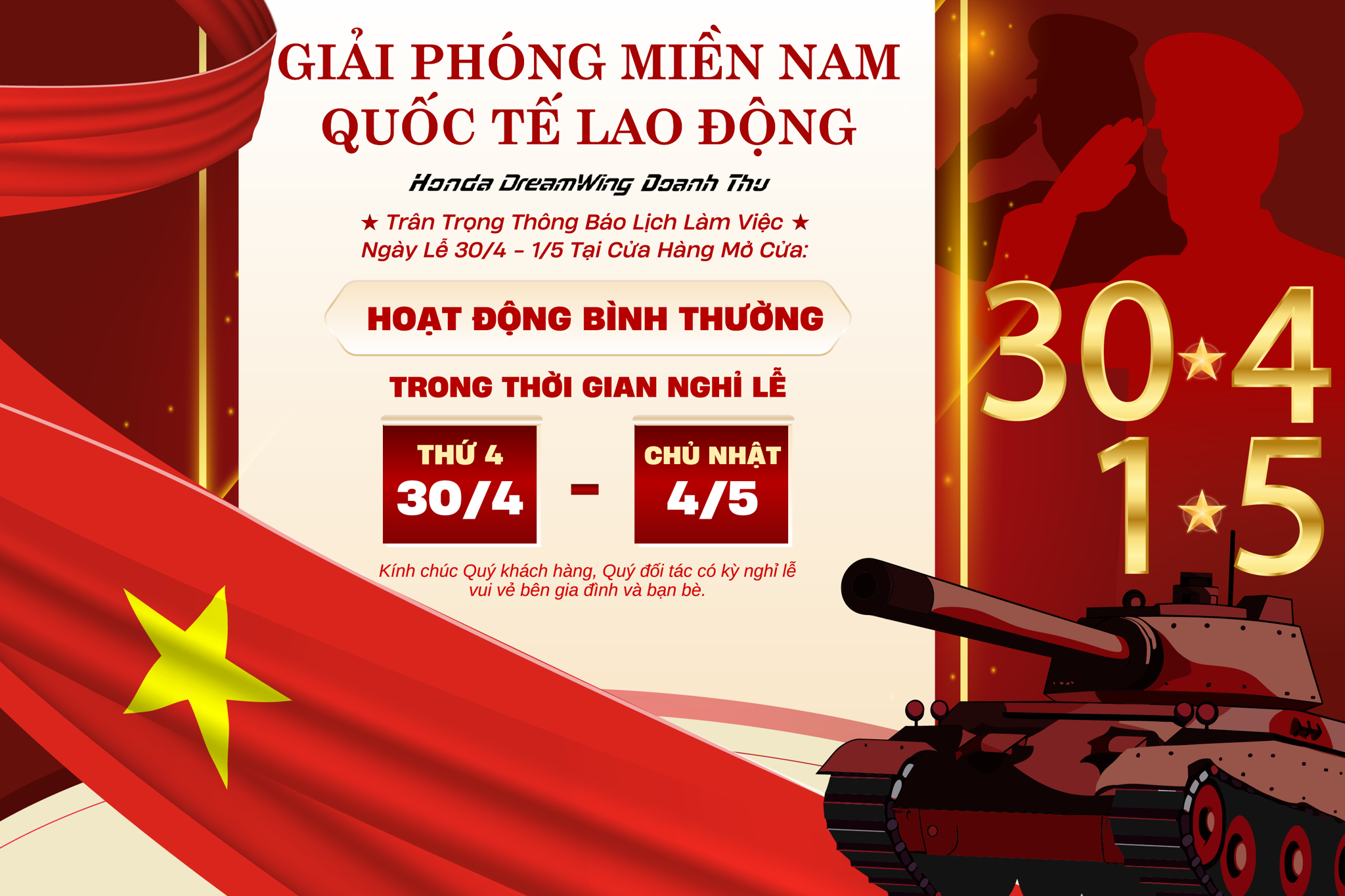 THÔNG BÁO LỊCH LÀM VIỆC KỲ NGHỈ LỄ 30/4 - 1/50