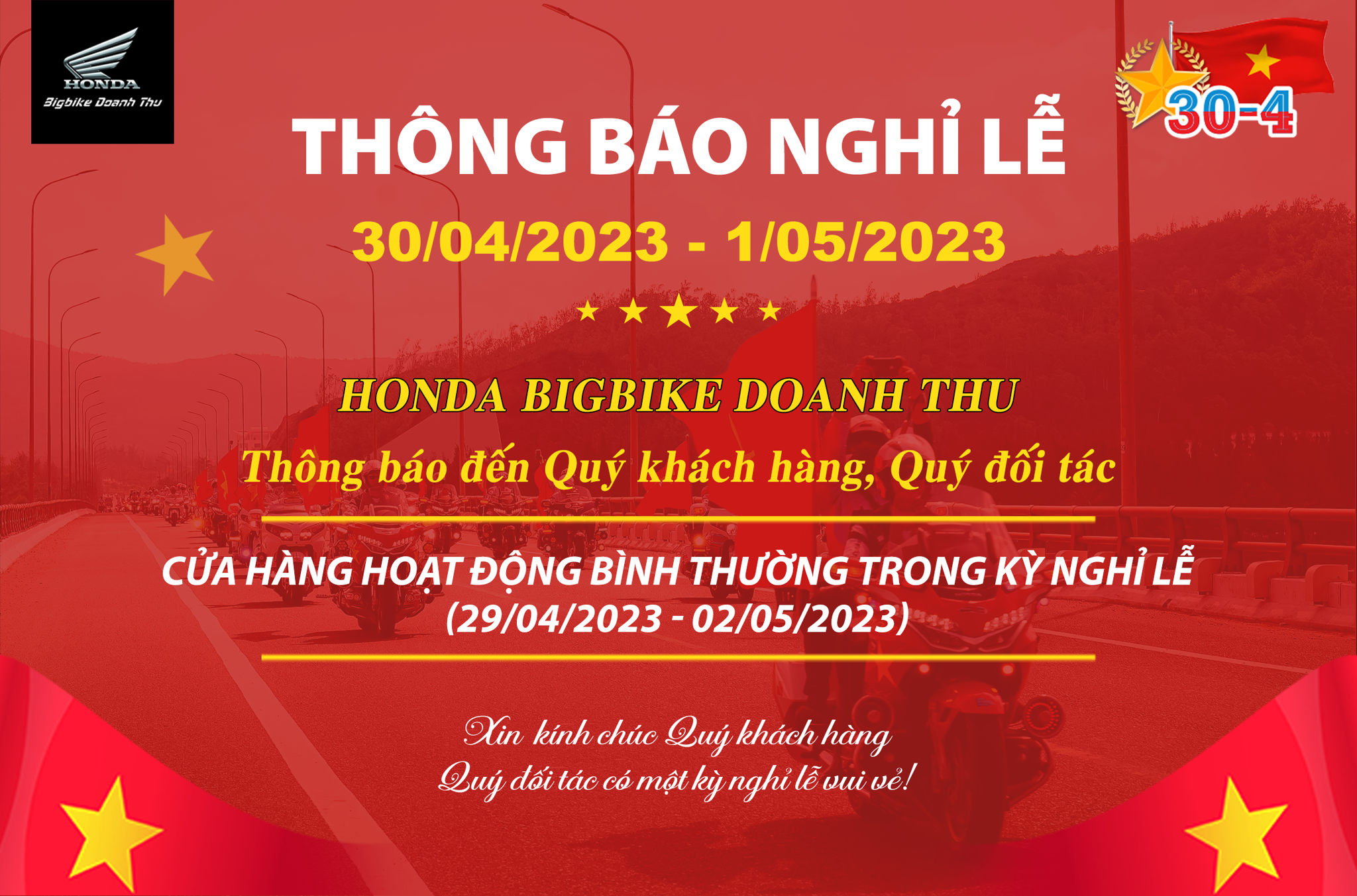 HONDA BIGBIKE DOANH THU THÔNG BÁO LỊCH NGHỈ LỄ 30/04 - 1/05/2023
