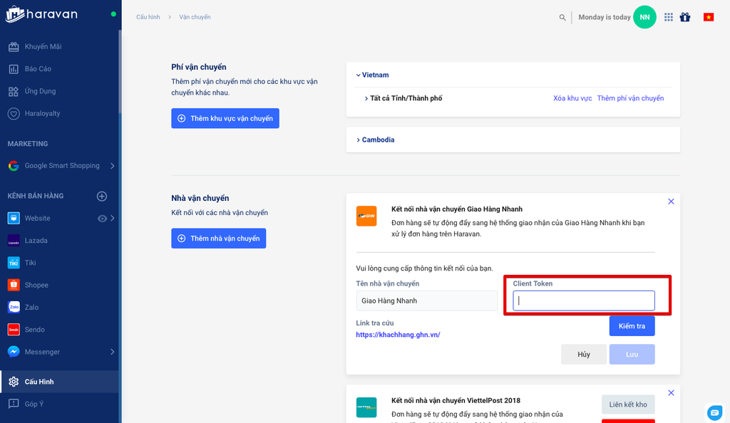 kết nối nhà vận chuyển GHN trên Haravan