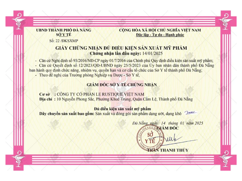 Giấy chứng nhận cơ sở sản xuất đạt chuẩn