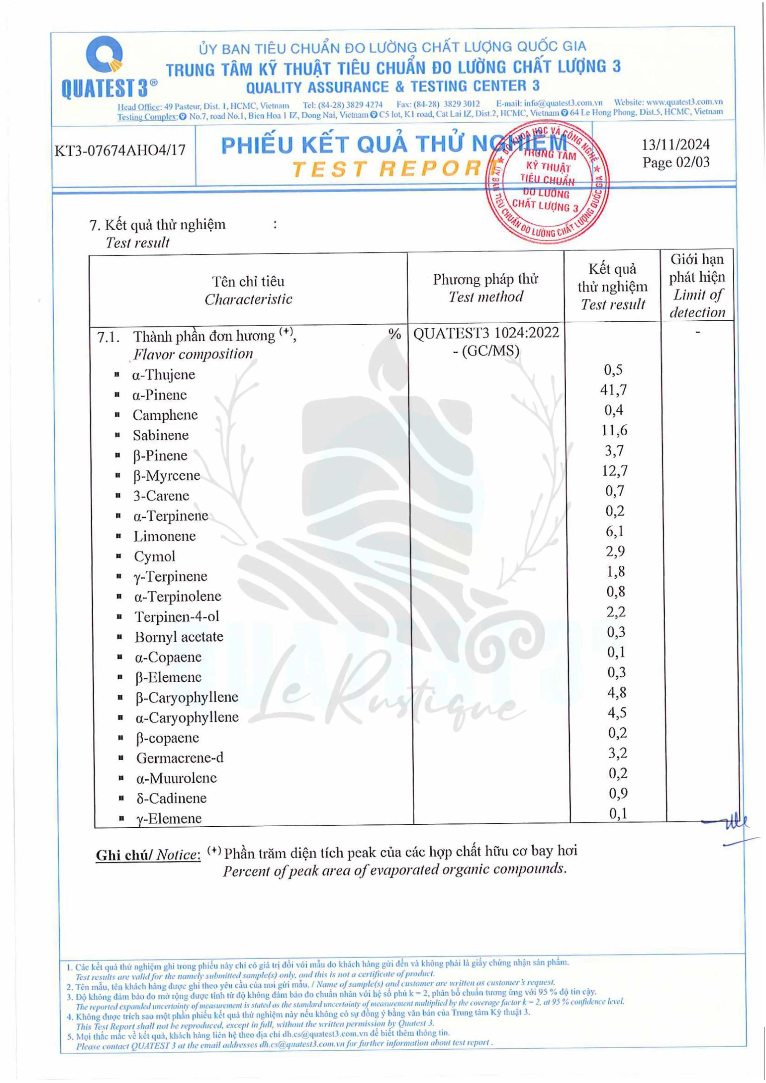 Giấy kiểm định GC-MS tinh dầu Bách Xù Le Rustique