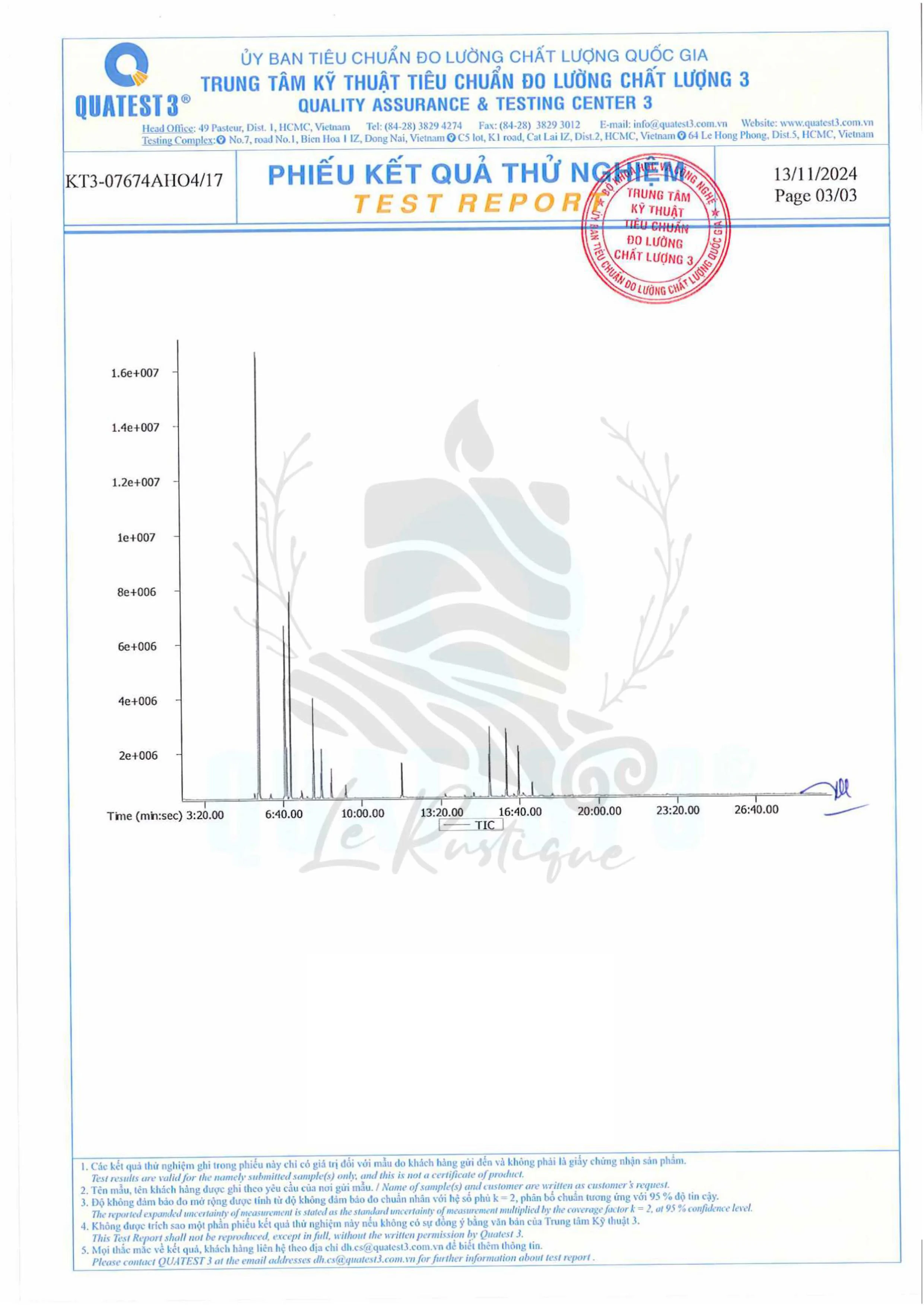 Giấy kiểm định GC-MS tinh dầu Bách Xù Le Rustique