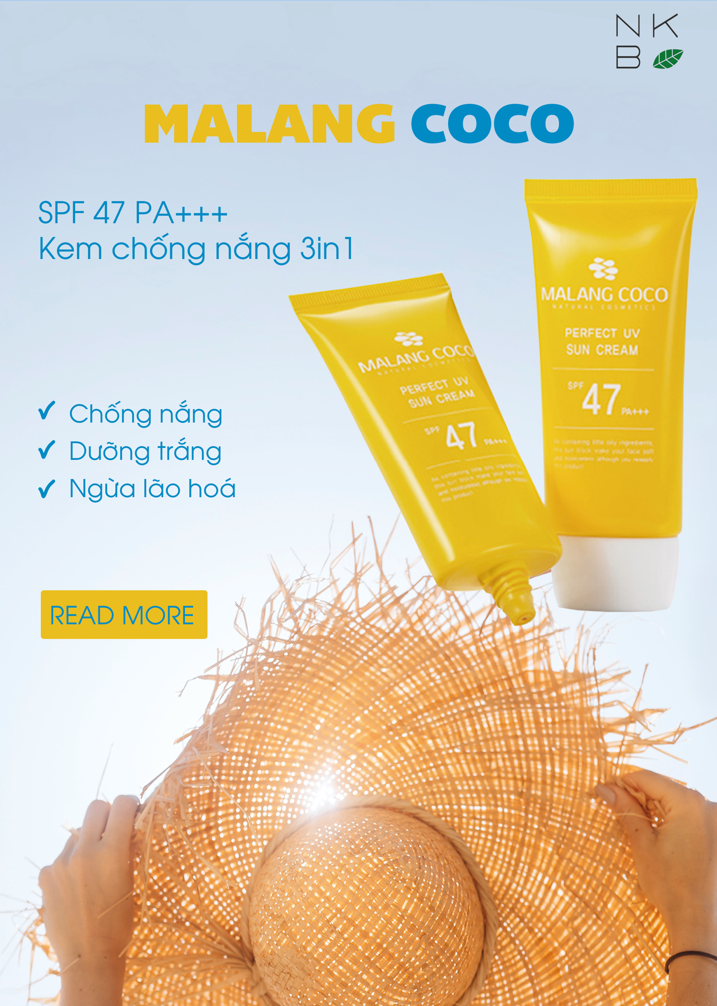 KEM CHỐNG NẮNG 3 TRONG 1 MALANG COCO SPF 47 PA+++