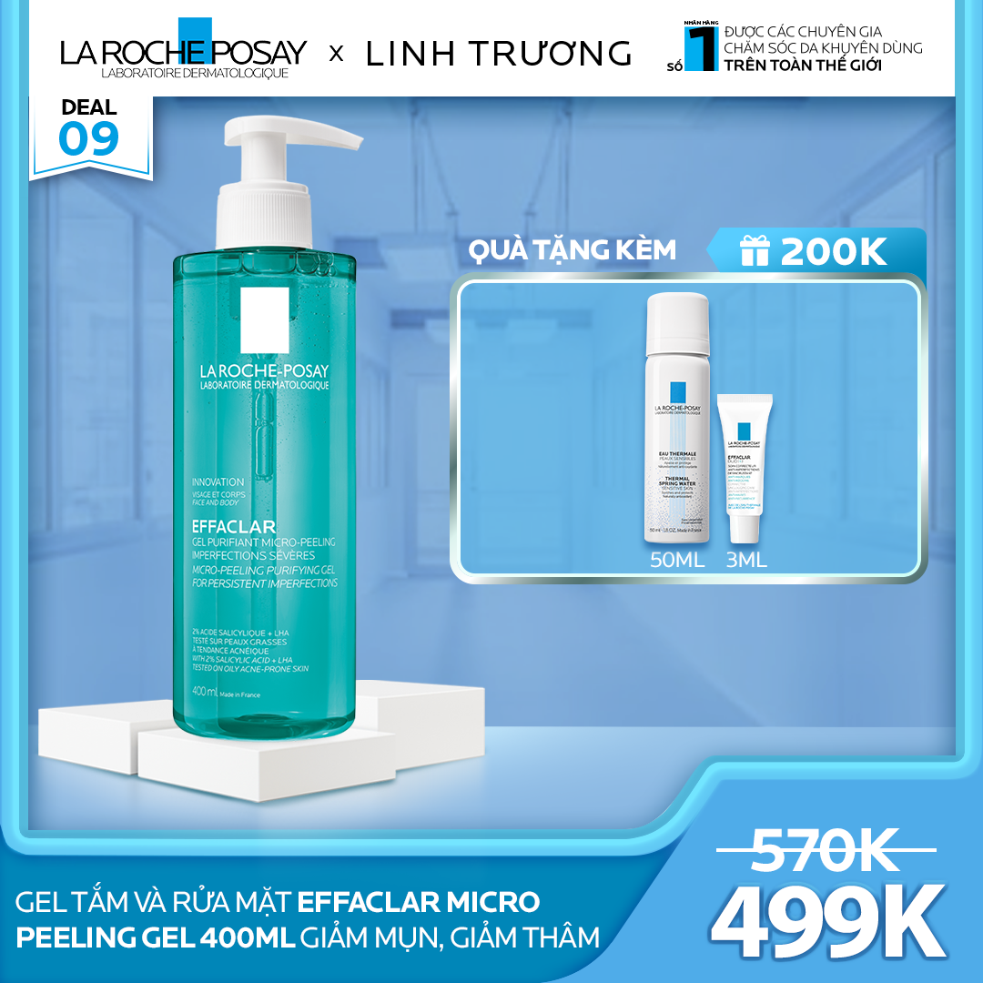 DEAL 9_GEL TẮM VÀ RỬA MẶT EFFACLAR MICRO PEELING GEL400ML GIÚP GIẢM MỤN, GIẢM THÂM