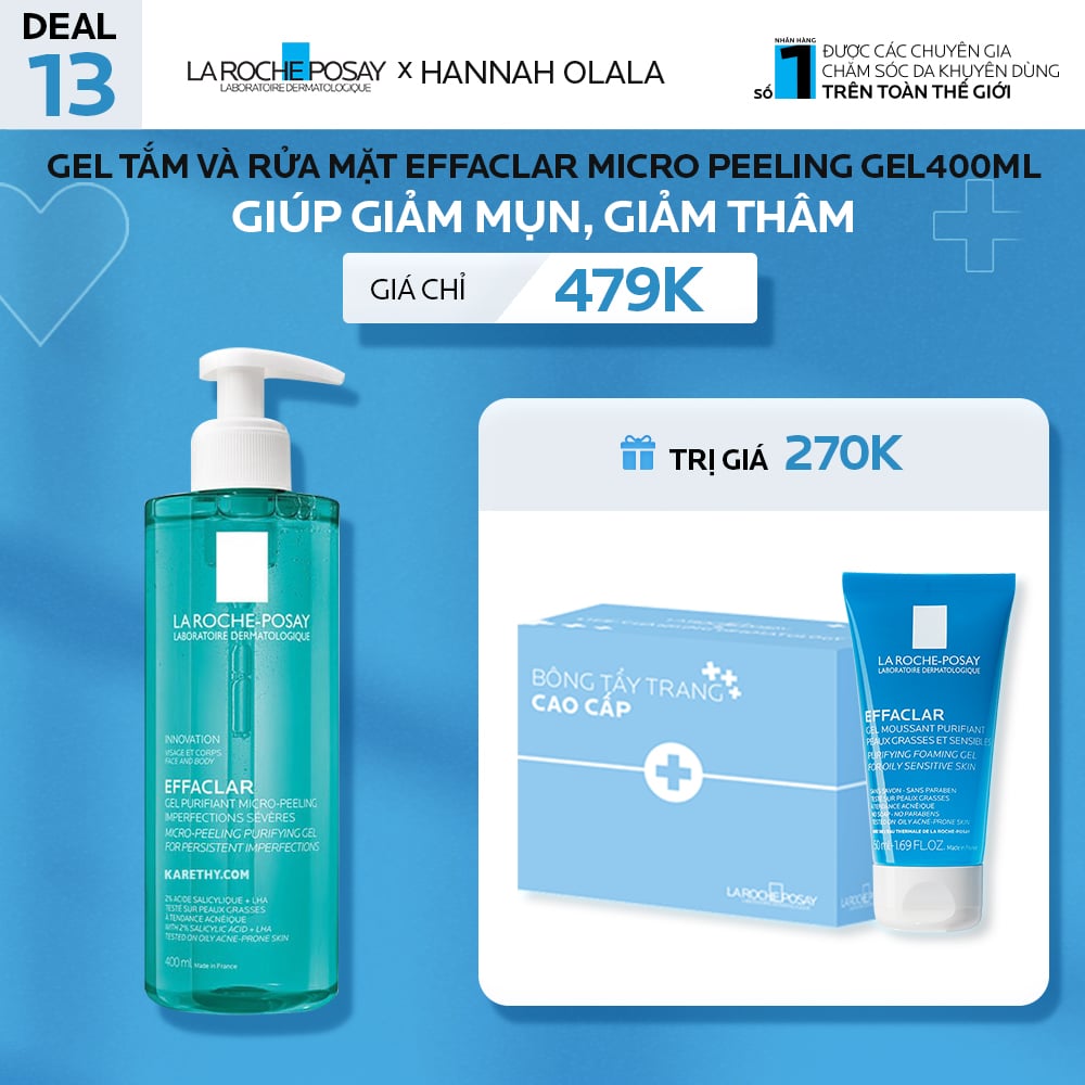 DEAL 13_GEL TẮM VÀ RỬA MẶT EFFACLAR MICRO PEELING GEL400ML GIÚP GIẢM MỤN, GIẢM THÂM