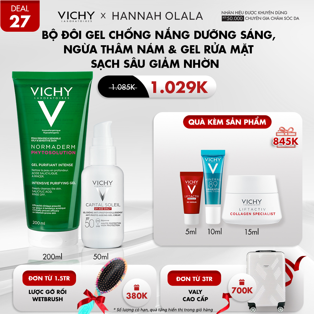 DEAL 27_BỘ ĐÔI GEL CHỐNG NẮNG DƯỠNG SÁNG, NGỪA THÂM NÁM CAPITAL SOLEIL UV AGE DAILY & GEL RỬA MẶT SẠCH SÂU GIẢM NHỜN NORMADERM PHYTOSOLUTION 200ML