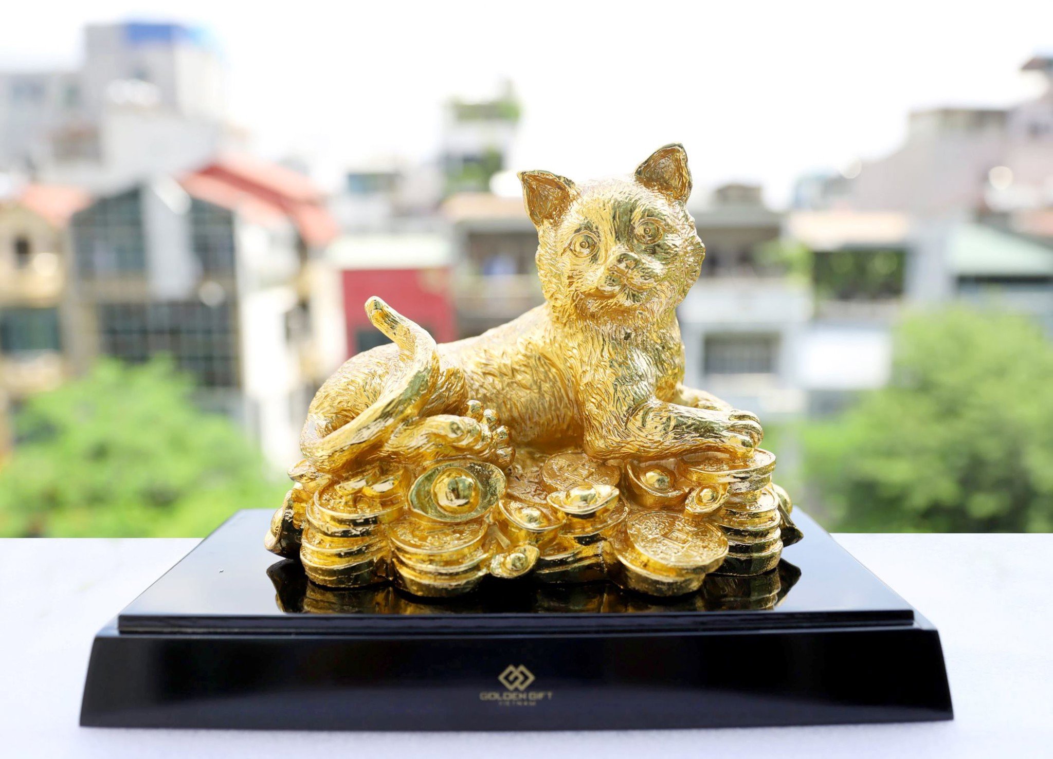 tượng mèo mạ vàng 24K - Linh vật mèo vàng An Gia
