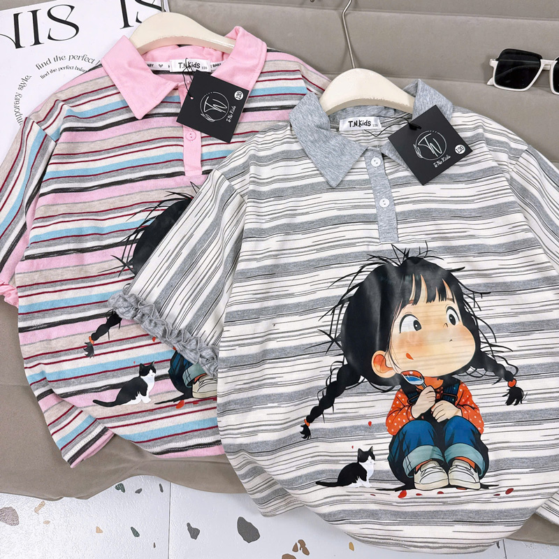 Áo thun bé gái sọc cô gái cổ polo