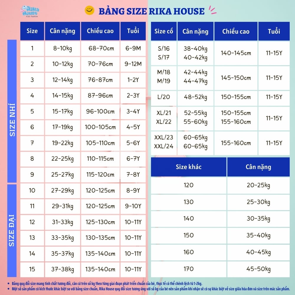 Hướng dẫn chọn size quần áo trẻ em Rika House