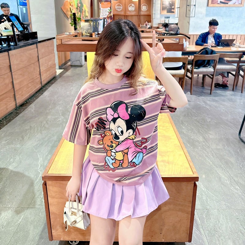 bộ chân váy bé gái xếp li mickey