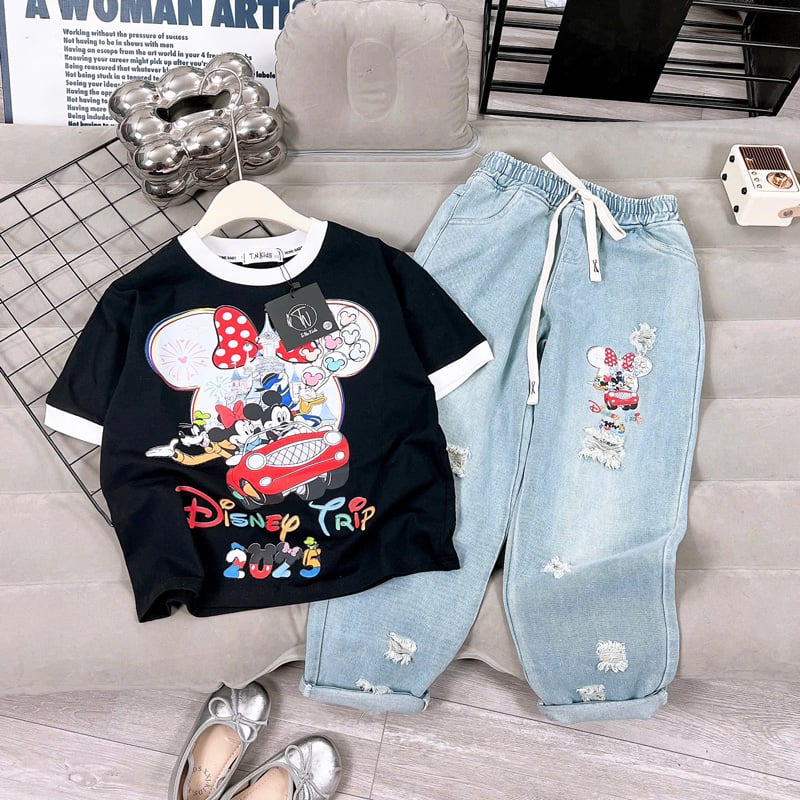 bộ jean baggy bé gái micky disney