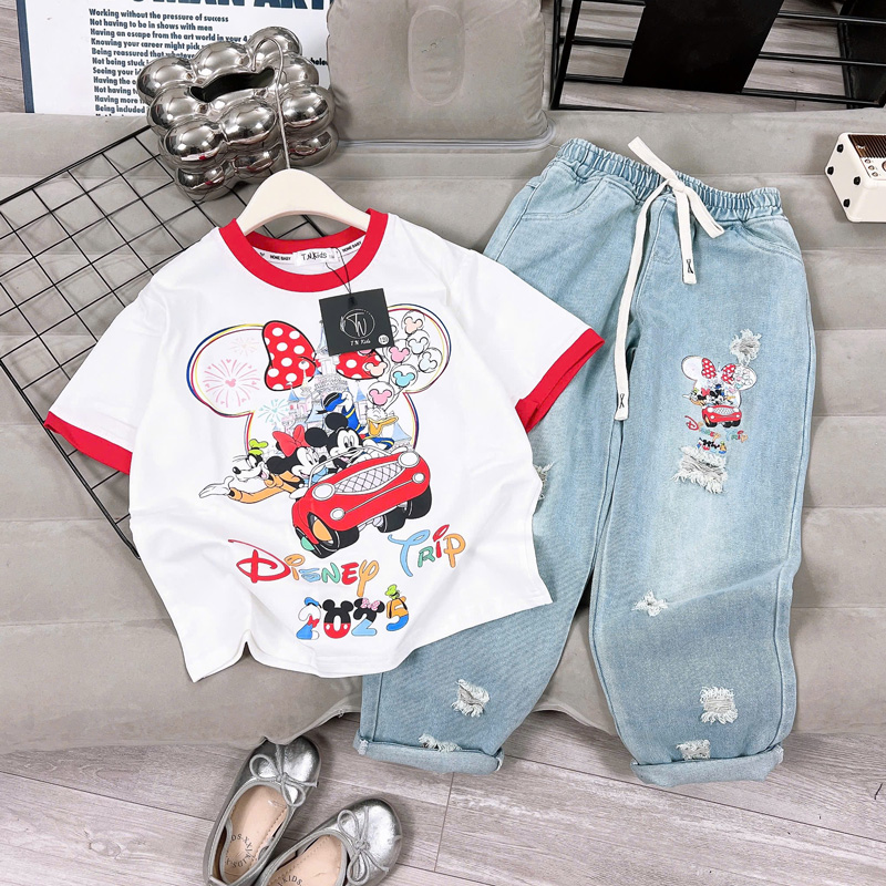 bộ jean baggy bé gái micky disney