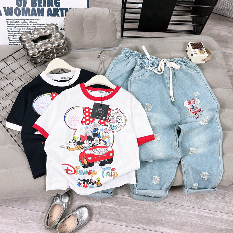 bộ jean baggy bé gái micky disney