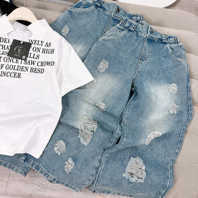 bộ jean dài bé gái cổ trụ chữ V
