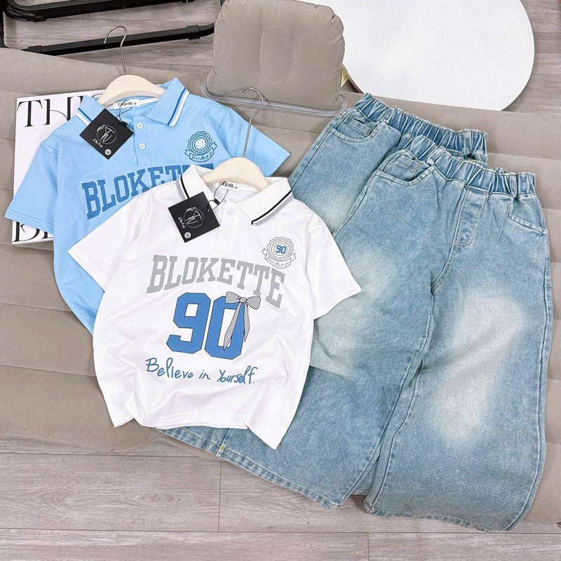 Bộ jean dài bé gái cổ trụ số 90