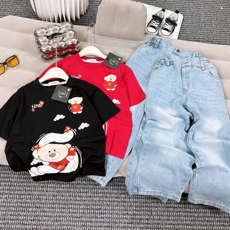 bộ jean dài bé gái gấu Teno