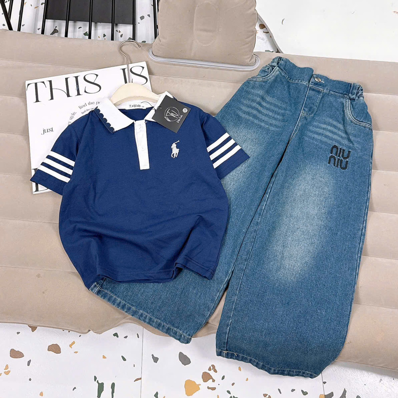 Bộ jean dài bé gái Polo Niu Niu