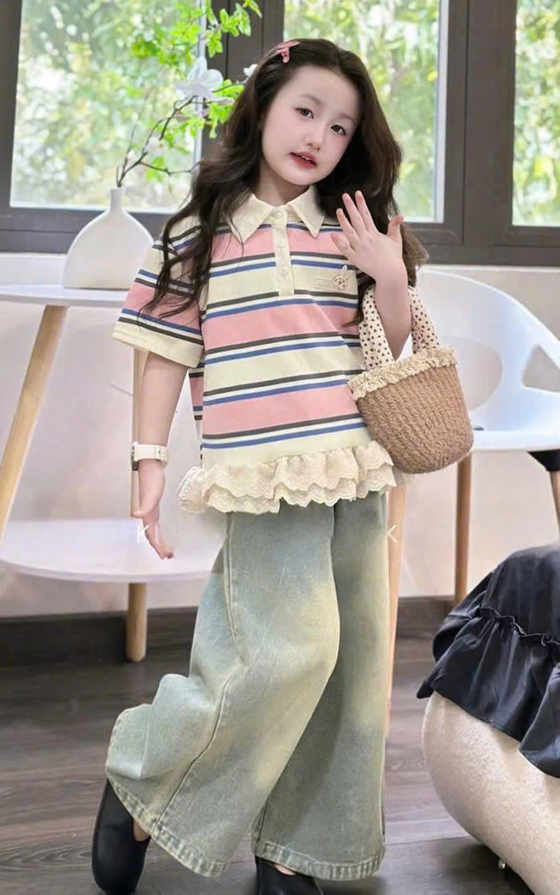 Bộ jean dài bé gái thêu thỏ