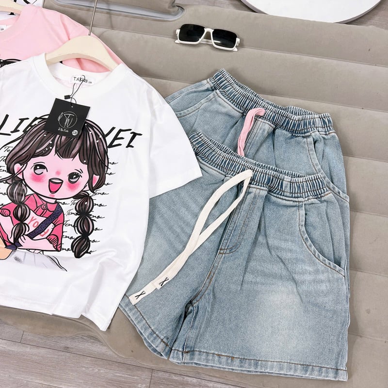 Bộ short jean bé gái cô gái thắt bím