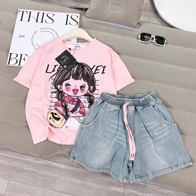 Bộ short jean bé gái cô gái thắt bím