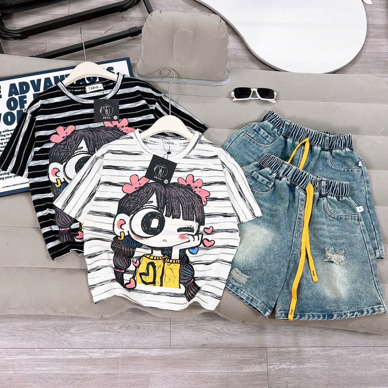 Bộ short jean bé gái sọc hình cô gái