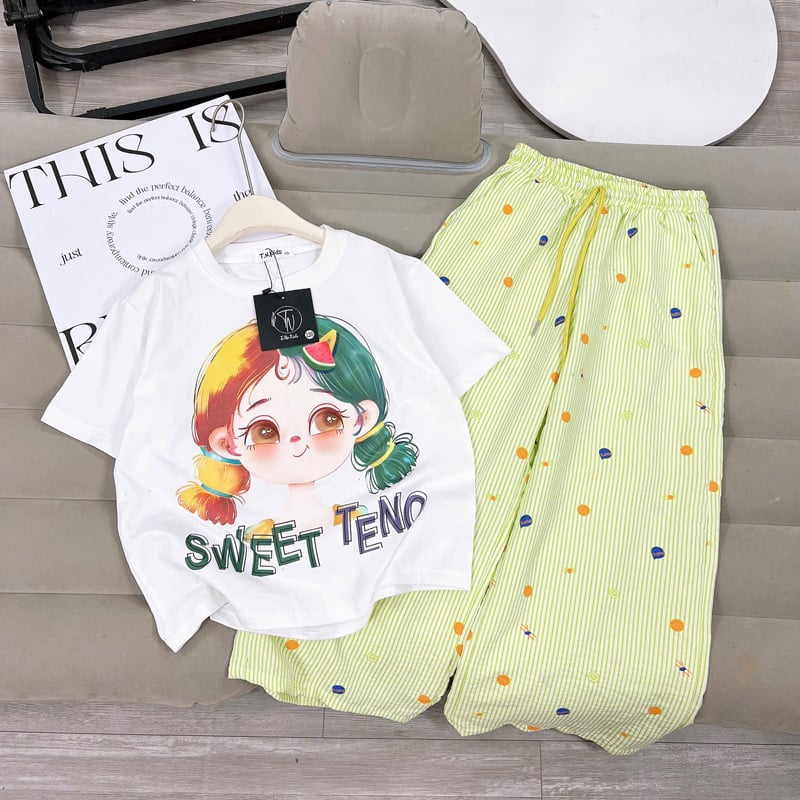 bộ thun bé gái quần dài sweet teno