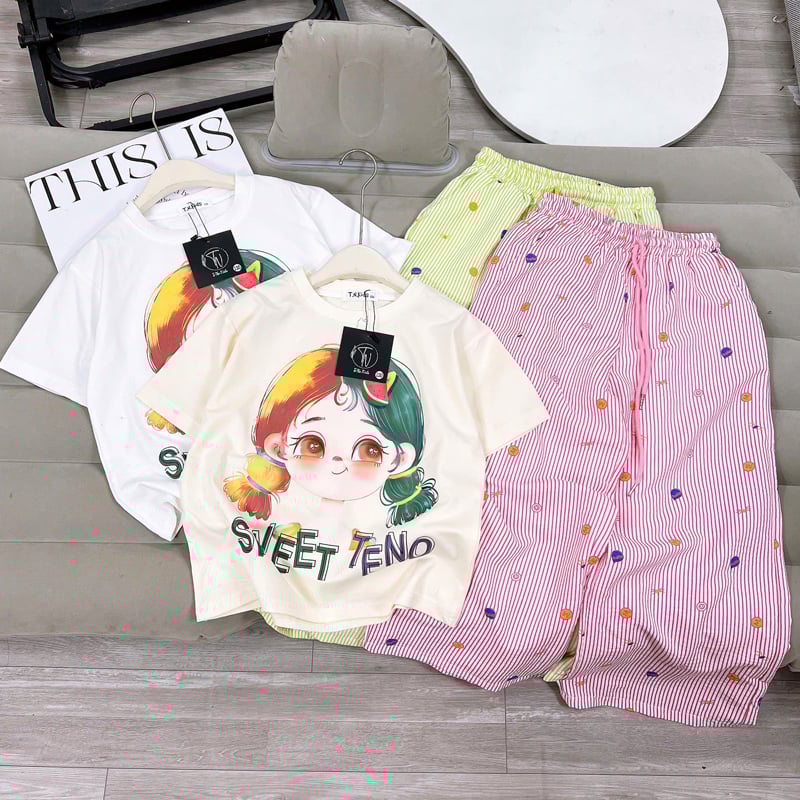 bộ thun bé gái quần dài sweet teno
