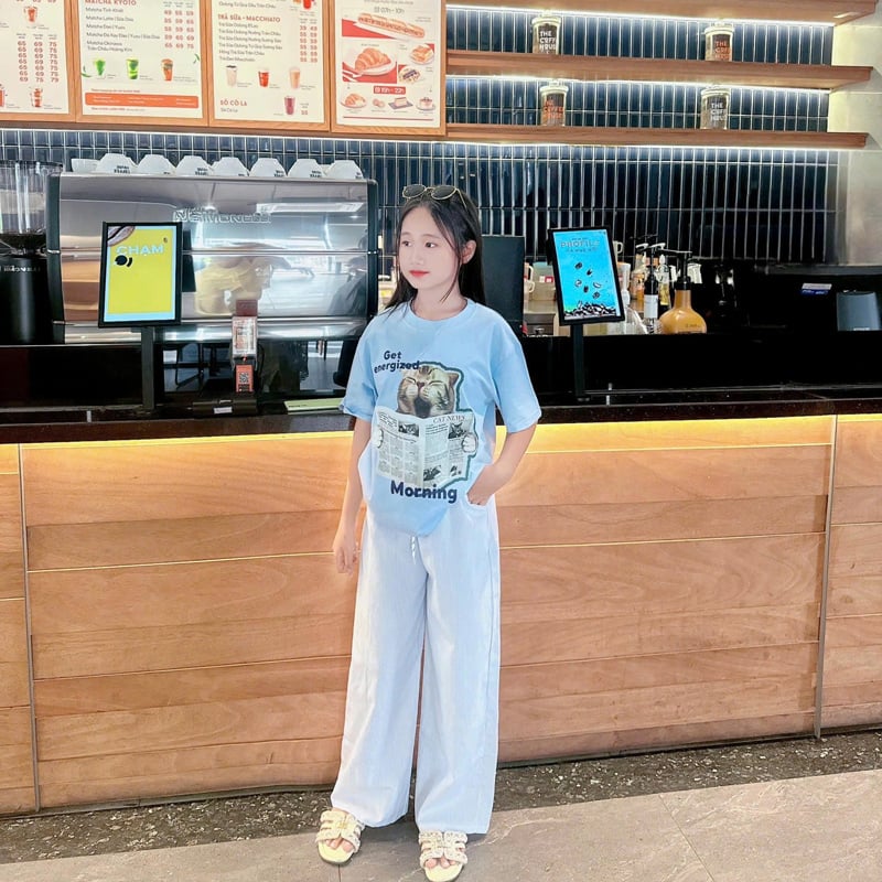 bộ thun bé gái quần dài mèo morning