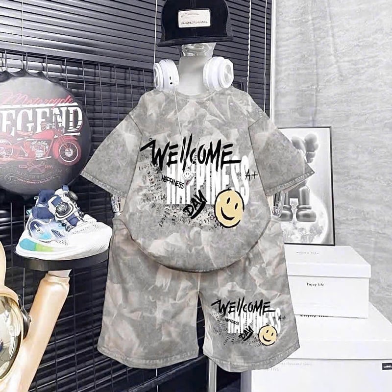 bộ thun bé trai wash đá chữ wellcome