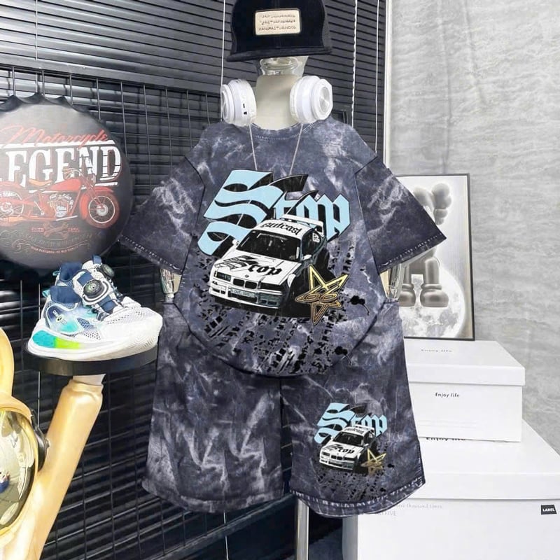 bộ thun bé trai wash đá hình xe hơi