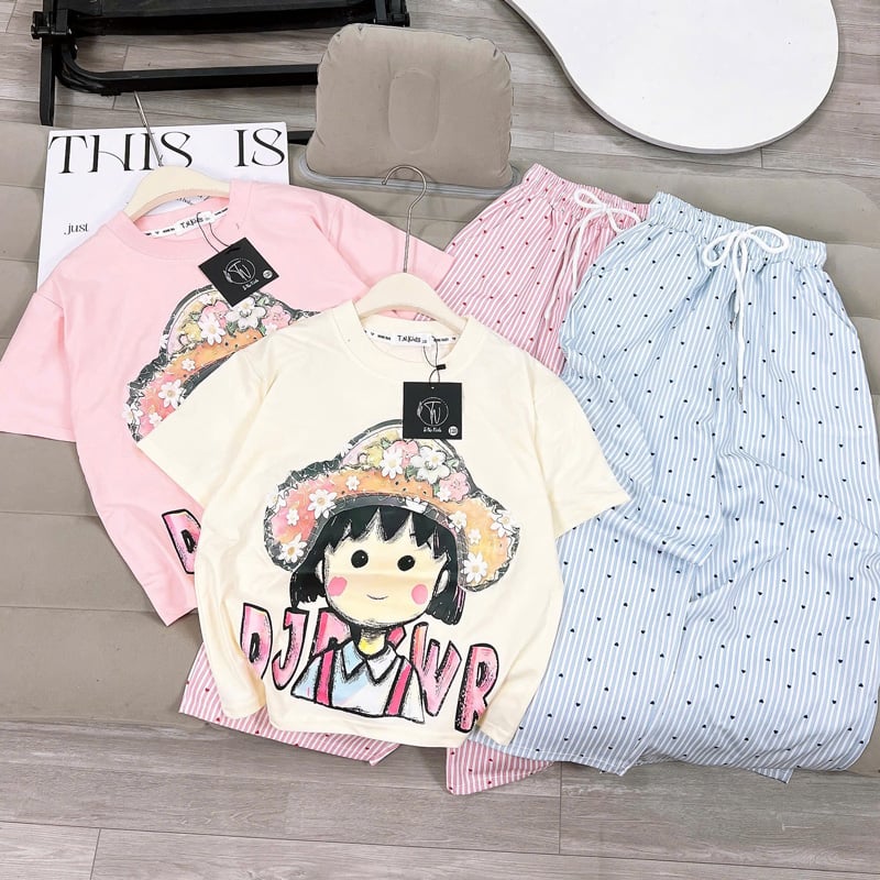 Bộ thun dài bé gái cô gái nón hoa