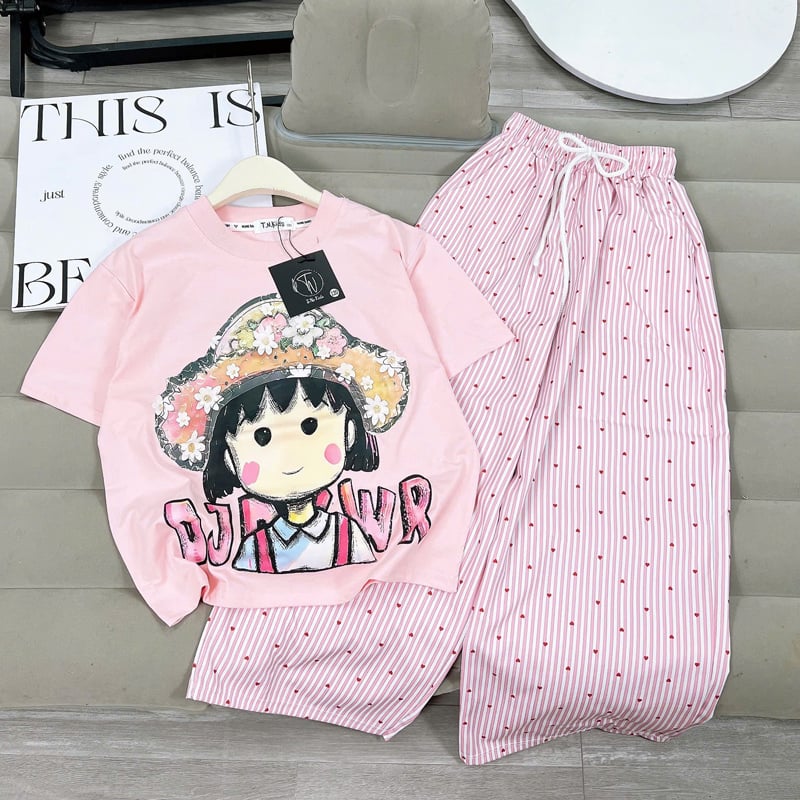 Bộ thun dài bé gái cô gái nón hoa