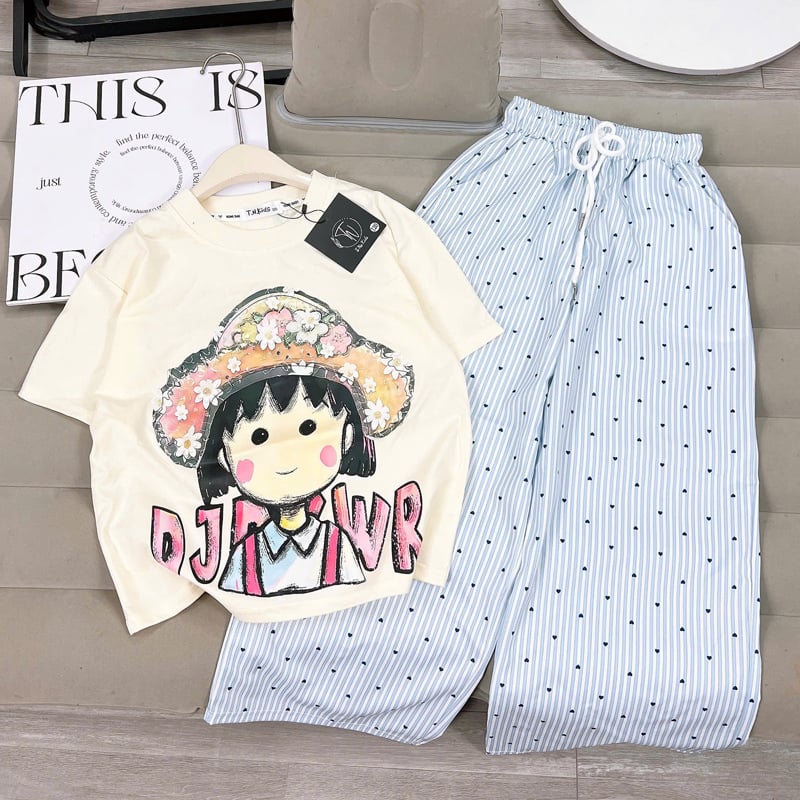 Bộ thun dài bé gái cô gái nón hoa