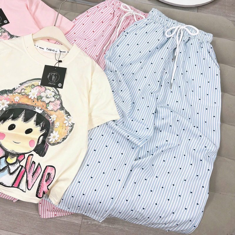 Bộ thun dài bé gái cô gái nón hoa