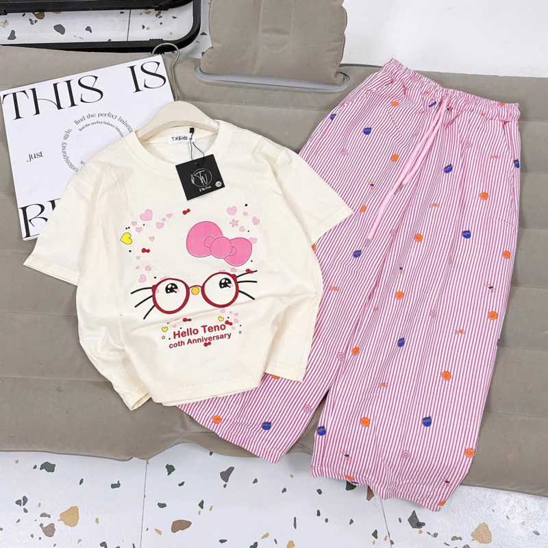 Bộ thun dài bé gái Kitty tàng hình