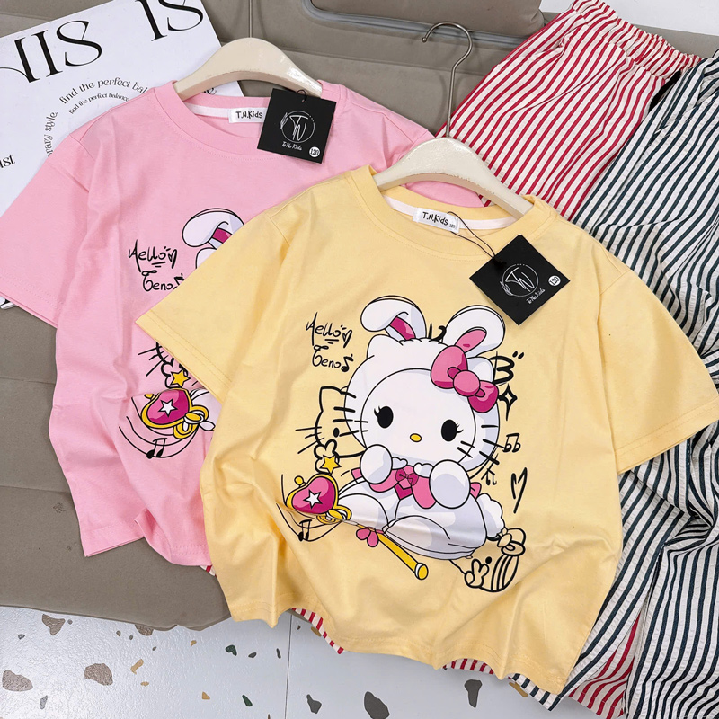 Bộ thun dài bé gái sọc Kitty thỏ