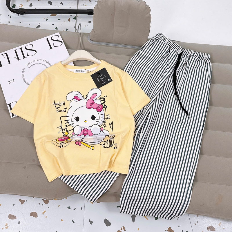 Bộ thun dài bé gái sọc Kitty thỏ